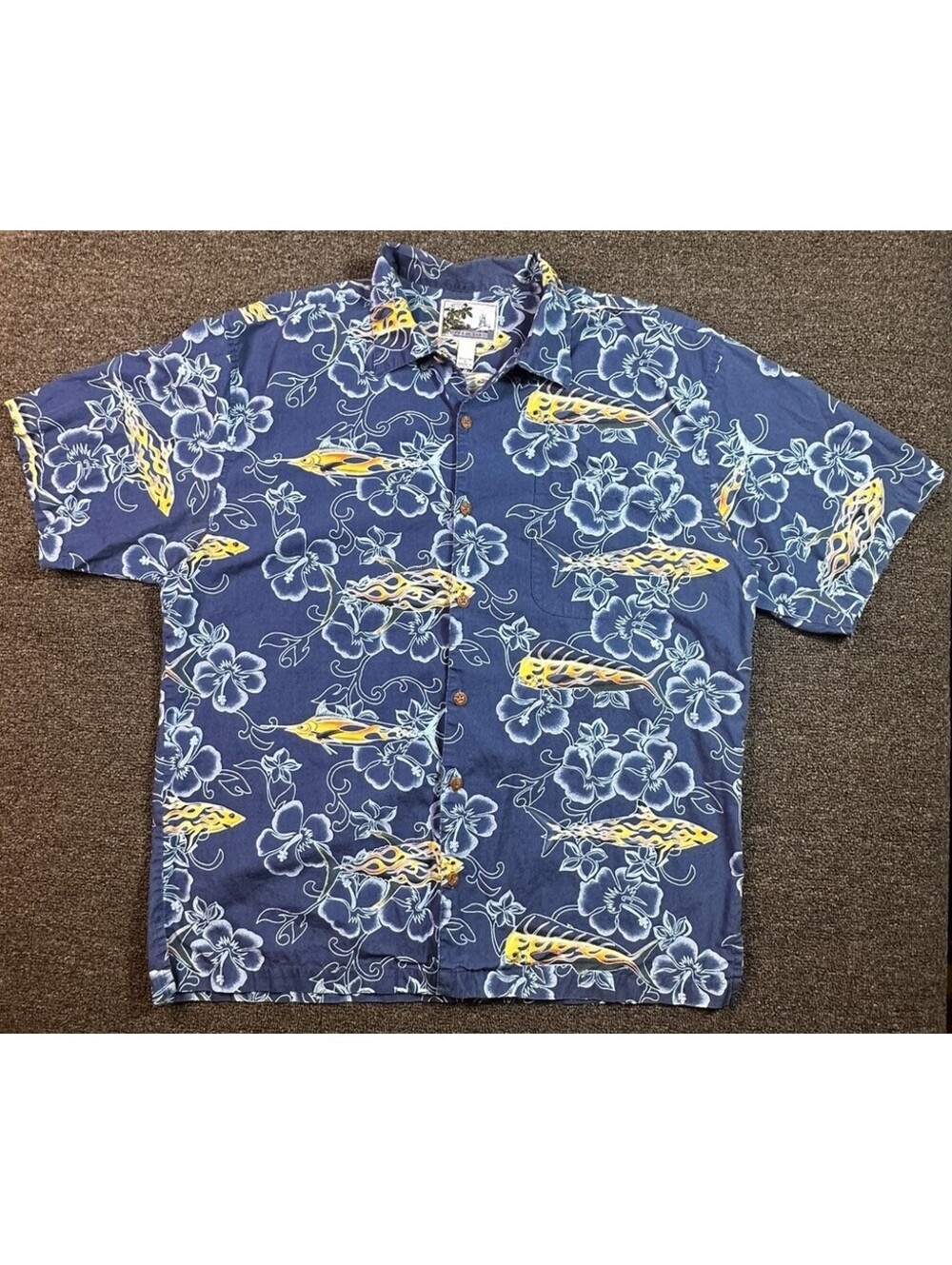 VTG AFTCO Bluewater Flaming Fish Shirt USA | Blue | Mens XL
